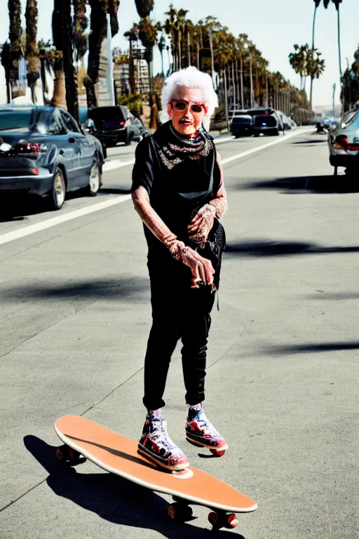 Image similar to a portrait of a fashionable gran on a skateboard in los angeles