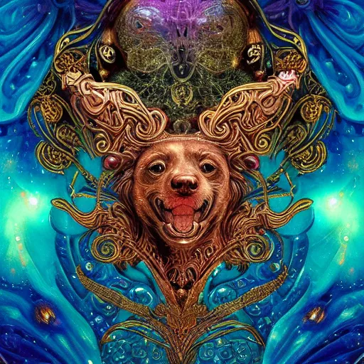 Image similar to Golden Retriever in a cosmic dress, full-body tattoos, ornate, rococo, Psychedelic, zbrush art, majestic, organics, silver filigree, colorful, dark fantasy, celtic knot, anatomical, h r giger style, moebius, frank frazetta, ornate, art nouveau, symmetrical, turquoise jewelry, red smoke, roses, unbiased render, rotten, Emil melmoth, eerie, macabre, haunting + insanely detailed and intricate, floral, faded pink, hypermaximalist, elegant, vintage, hyper realistic, super detailed, pastel color, 8K,