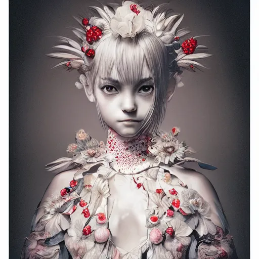 Image similar to the portrait of an absurdly beautiful, graceful, elegant, sophisticated, fashionable little girl made of strawberries and white petals looking down, an ultrafine hyperdetailed illustration by kim jung gi, irakli nadar, intricate linework, bright colors, octopath traveler, final fantasy, unreal engine 5 highly rendered, global illumination, radiant light, detailed and intricate environment