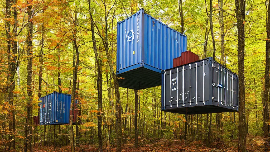 Prompt: modernist shipping container treehouses in william penn state forest, pennsylvania, usa, autumn