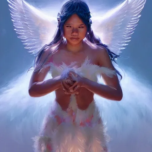 Image similar to Portrait of a Pacific Islander goddess with angel wings, and a glowing halo, white lighting, digital art by Ruan Jia and Mandy Jurgens and Artgerm, highly detailed, trending on artstation, award winning,