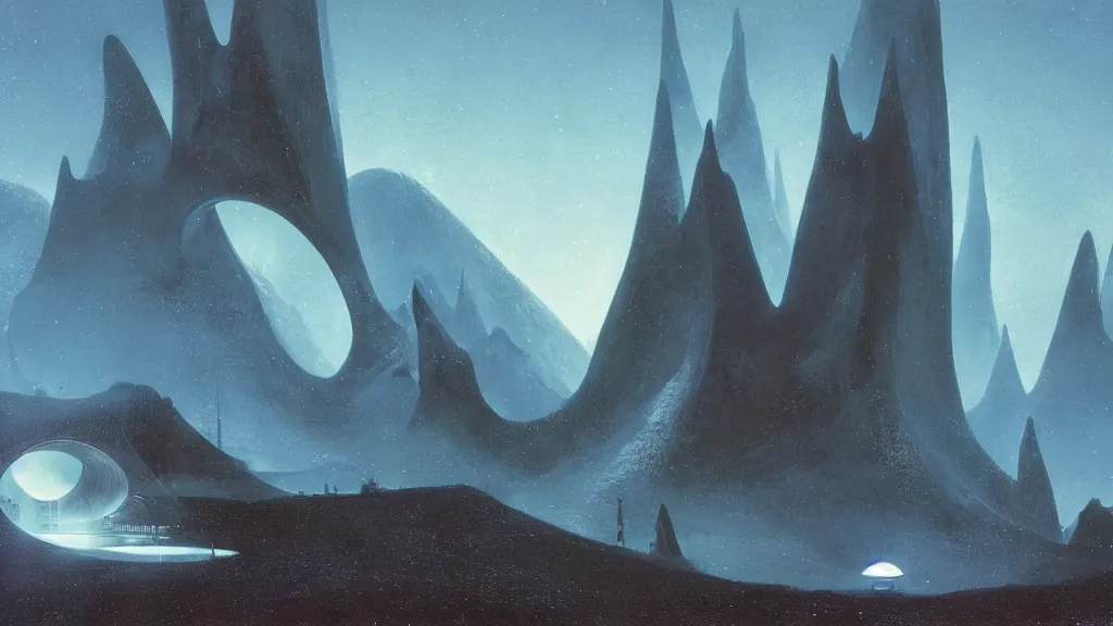 Image similar to otherworldly atmosphere of emissary space by arthur haas and bruce pennington and john schoenherr, cinematic matte painting buildings by zaha hadid and james turrell in the mountains with falling snow