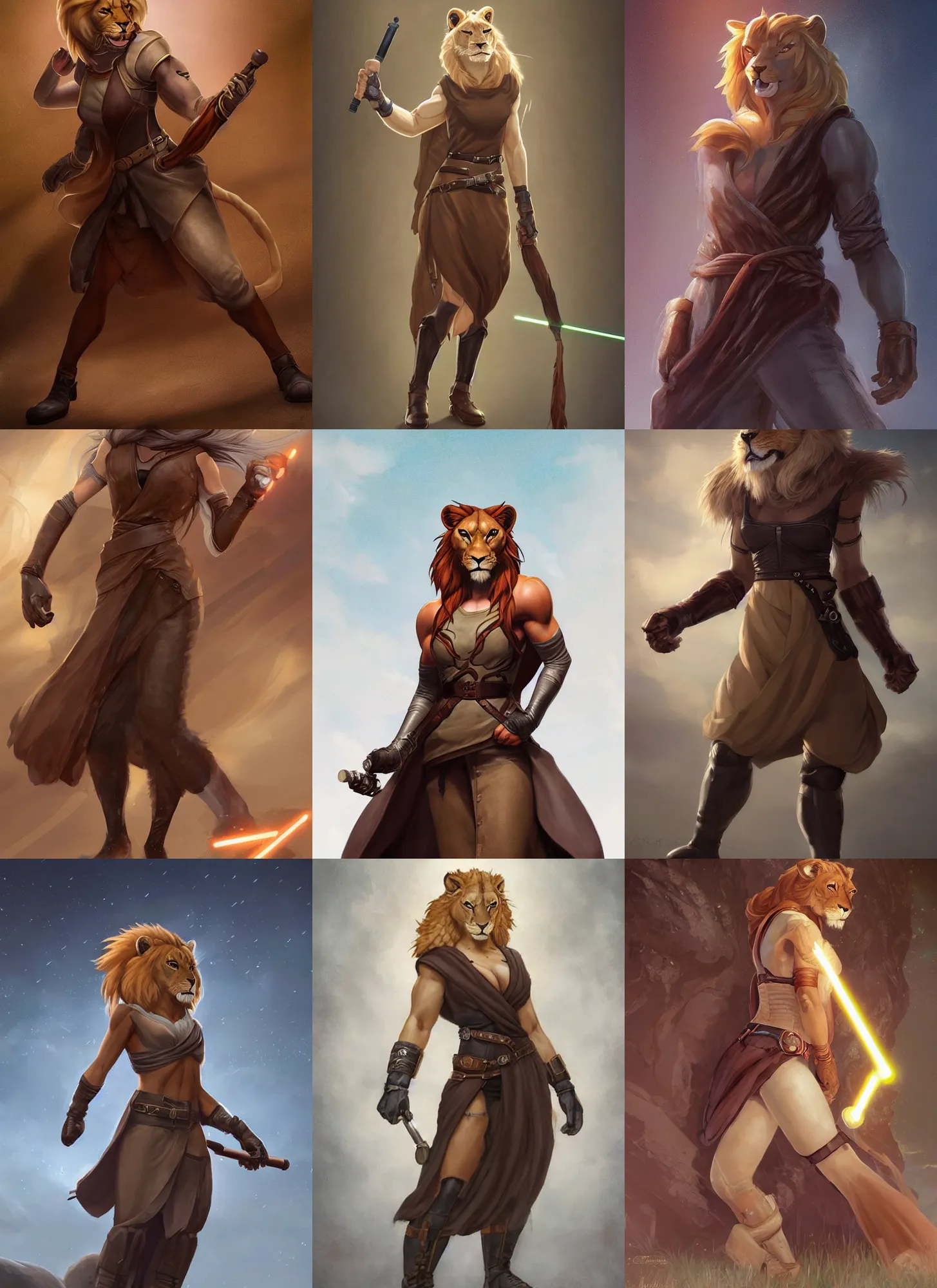 Prompt: beautiful portrait of a strong female anthropomorphic lioness fursona with muscles wearing a sleeveless jedi robe. hand on hip. leather gloves. leather boots. leather belt. character design by charlie bowater, ross tran, artgerm, and makoto shinkai, detailed, soft lighting, rendered in octane