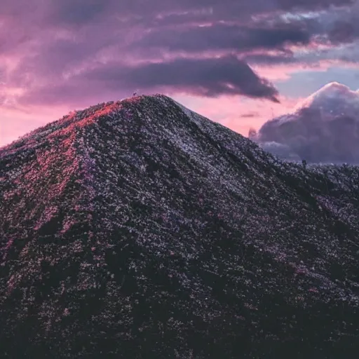 Prompt: low angle photo of the mountains and sky during the sunset. only a very bright star can be seen in the sky and some clouds. some sakura petals in the air. photorealistic