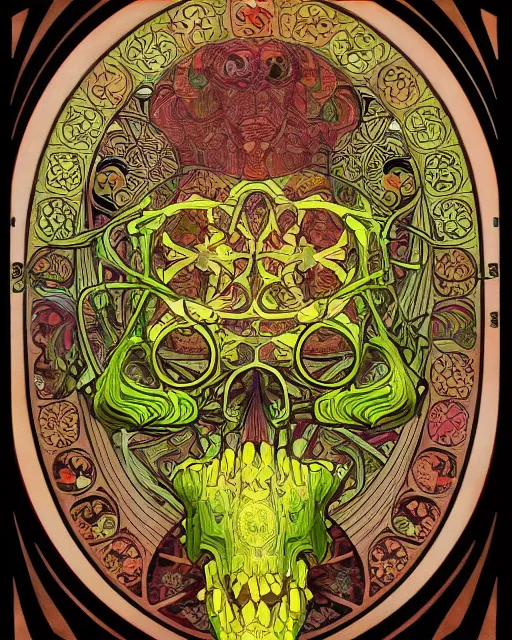 Image similar to Carved alien skull art surrounded by varities of corn, cell shading, voronoi, fibonacci sequence, sacred geometry by Alphonse Mucha, Moebius, hiroshi yoshida, Art Nouveau, colorful, ultradetailed, vivid colour, 3d