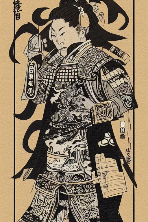 Prompt: an epic detailed political poster of a Japanese samurai in a temple, with Japanese text, in the style of a playing card, modern art, high quality, 4k