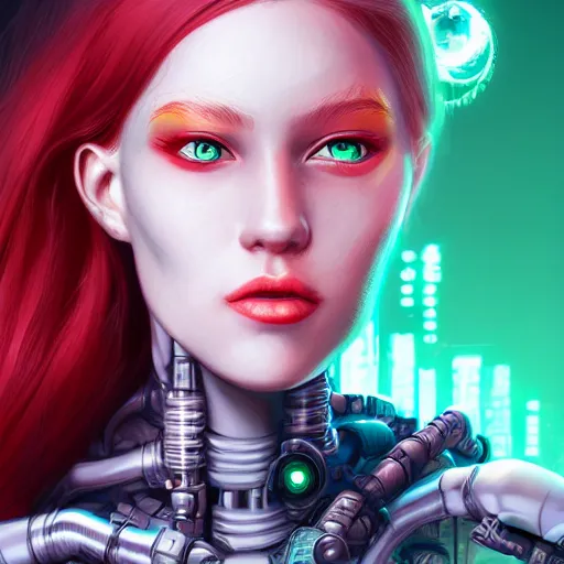 Image similar to a portrait of a beautiful cyborg girl, red hair, glowing green eyes, urban motifs, intricate, elegant, highly detailed, digital painting, trending on artstation, concept art, smooth sharp focus, illustration, raytracing, 8 k rendering, global illumination