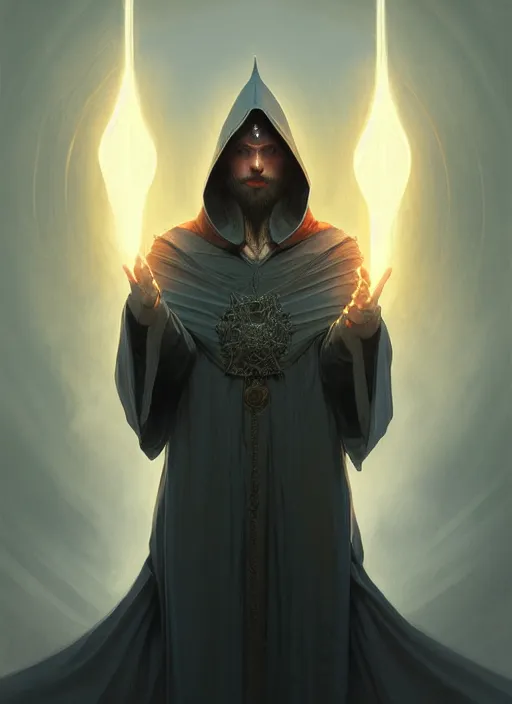 Image similar to symmetry!! portrait of male wizard wearing a hood, high fantasy, intricate, elegant, highly detailed, photorealistic, cinematic lighting, digital painting, artstation, concept art, smooth, sharp focus, illustration, art by artgerm and greg rutkowski and alphonse mucha,