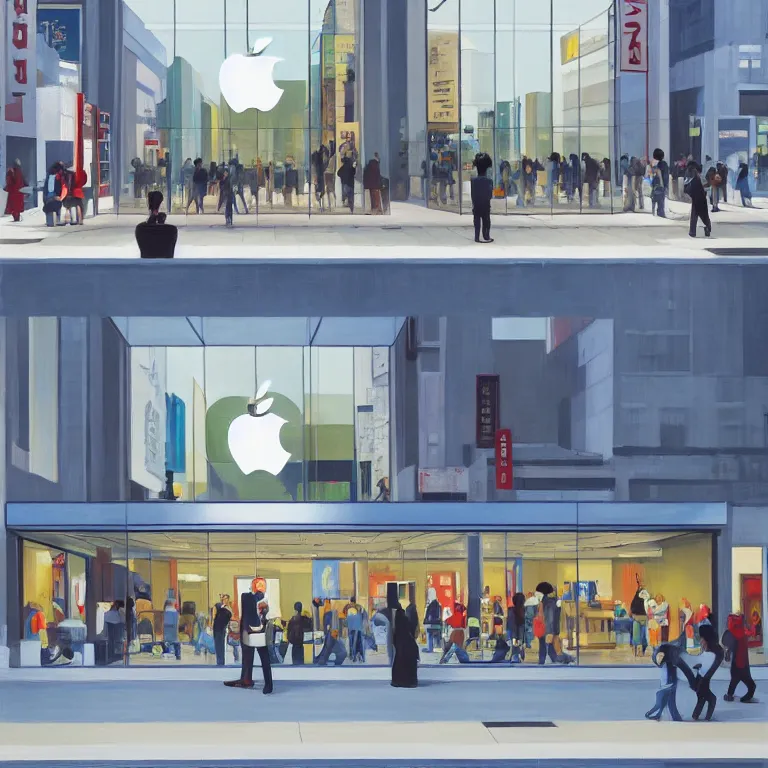 Image similar to apple store opening in Tokyo, painted by Edward Hopper, painted by James Gilleard, airbrush