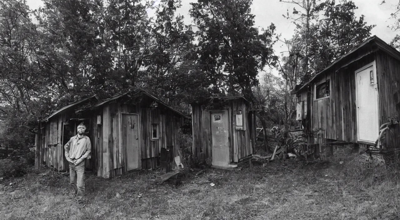 Prompt: a wide angle fujifilm photograph of ted kaczynski standing out in front of his shack, run down, light leak