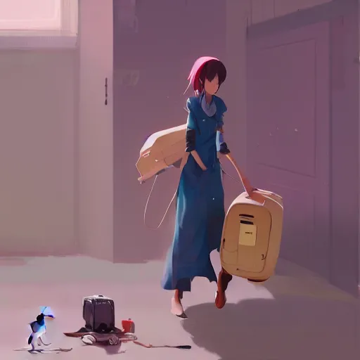 Image similar to goro fujita ilustration heerful girl taking the suitcases out of her house, characterized by masamune shirow, by greg rutkowski., character art, sharp focus, highly detailed, artstation