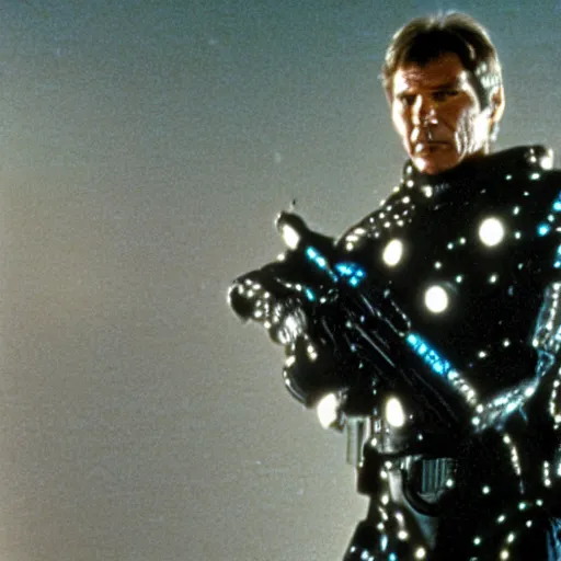 Image similar to movie still, 1 9 8 0 s, harrison ford as armored alien hunter, hyperdetailed, by ridley scott and john carpenter, blue leds