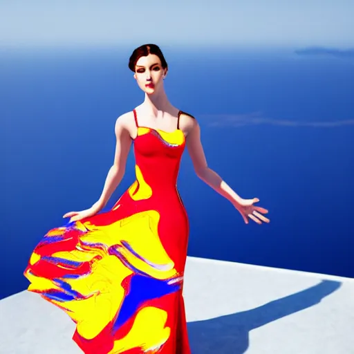 Image similar to beautiful modern dancer wearing a red, yellow, blue swirling dress, standing on a Santorini terrace looking down into the ocean, trending on artstation, cinematic, photorealistic