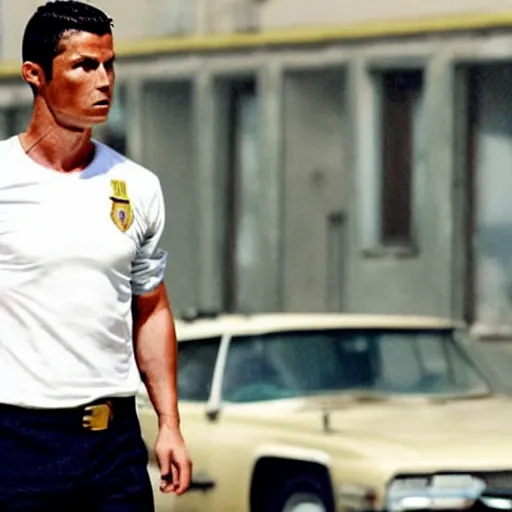 Image similar to movie still of cristiano ronaldo as Hanna in the movie Heat,