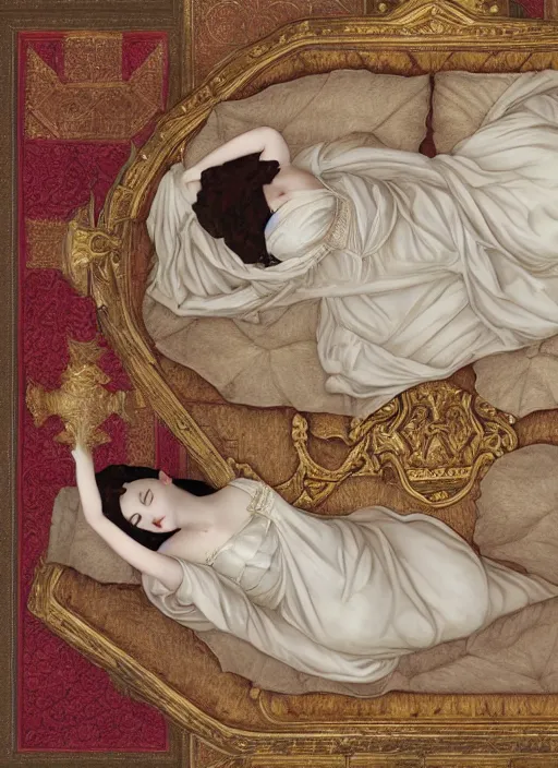 Image similar to top view of a queen lying sleepless on royal bed, in the style of charles sillem lidderdale, in the style of greg rutkowski, artstation, high quality art