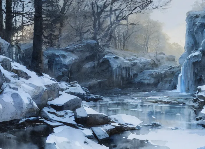 Prompt: watercolor painting of frozen waterfall, oak trees, rocky shore, in cold snowy winter, rustic stone cabin in horizon, very very very beautiful, art by anders zorn, wonderful masterpiece by greg rutkowski, cinematic light, american romanticism by greg manchess, creation by tyler edlin