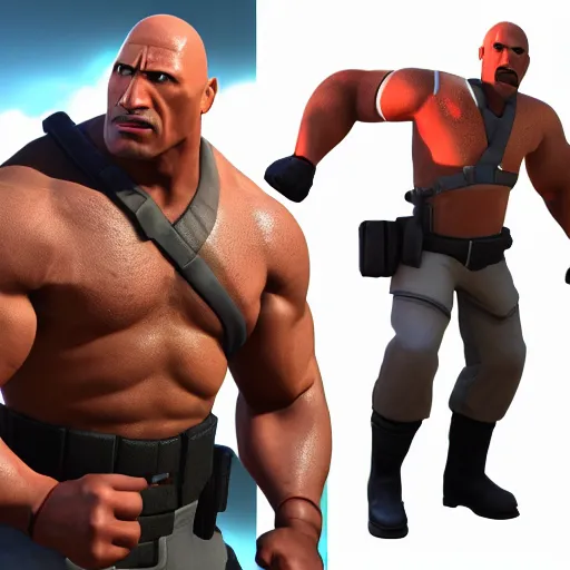 Prompt: gameplay footage of Dwayne ther rock johnson in Team Fortress 2, 3d Render, source engine