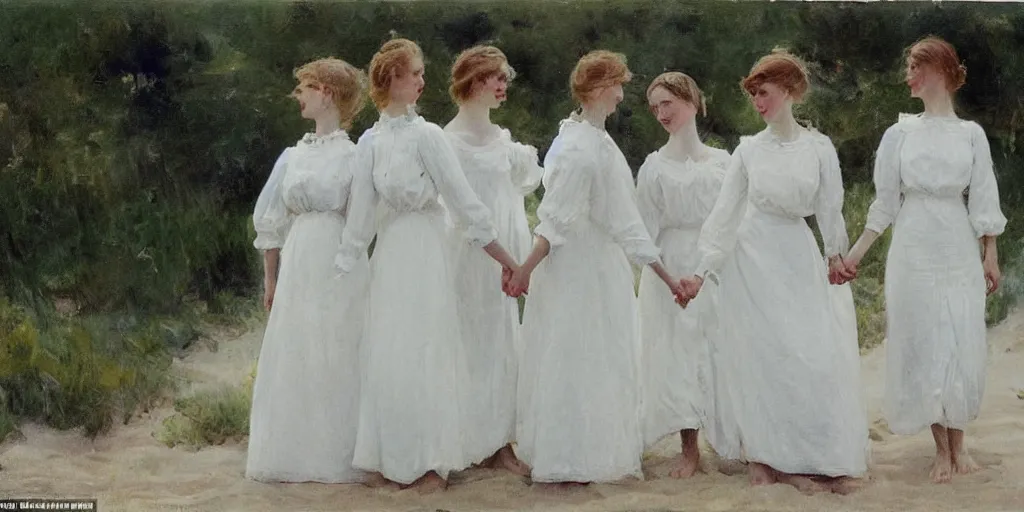 Image similar to five young edwardian women wearing white dresses on a beach in Sweden, two of them are holding hands, in the style of Anders Zorn