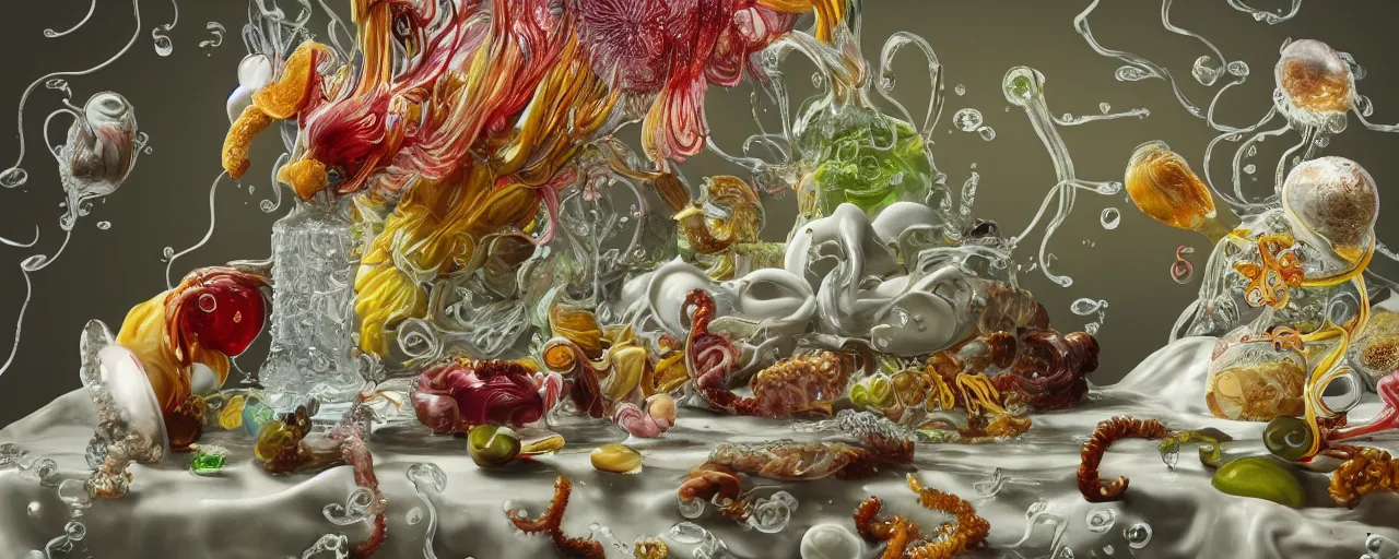 Image similar to ultradetailed photorealistic still life with jelly flowers by ernst haeckel, jan brueghel, james jean and salvador dalí, slime and tentacles, wide angle, minimalistic cinematic composition, octane render, bokeh, unreal engine, 4k, 3d render