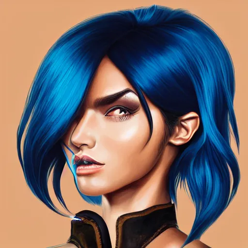 Image similar to illustrated realistic portrait of swept-back prong-horned devil woman with blue bob hairstyle and her tan colored skin and with solid black eyes wearing leather by rossdraws