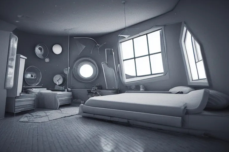 Image similar to small bedroom quarters inside rocket ship with gray metallic factory engine walls and small window looking into space, details, sharp focus, intricate, high definition, movie set, retro style, 1970s, 1980s, sci-fi, digital Art, 3D, realistic photograph, lucasfilm, space odyessy