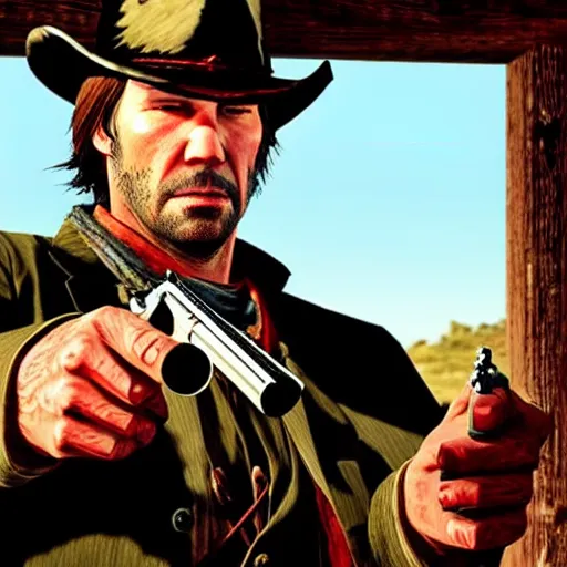 Image similar to Cover art of Red Dead Redemption 3, no text, Keanu Reeves as the main character