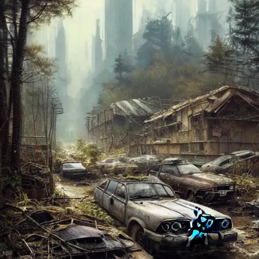 Image similar to postapocalyptic city of munic!!!, wild forest!!! vegetation!!!, small rubble!!, rusty bmw cars!!, hyperrealistic, highly detailed, cinematic, sunny light, beautiful, cgssociety, artstation, 8 k, oil painting by greg rutkowski, by artgerm, by wlop