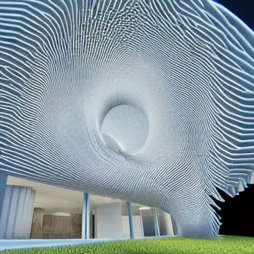 Image similar to three dimensional portrait of a house inspired by data - driven art, generative, coding, particle waves, spirals