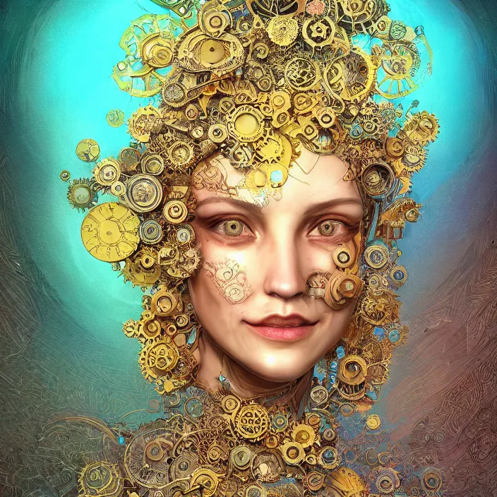 Image similar to beautiful smiling symmetrical face portrait android woman time machine axonometric mechanical fantasy intricate elegant highly detailed in volumetric void of latent space, lush flowers intricate jewellery, realm of the gods golden turquoise steampunk, axonometric high contrast cinematic light, mystical shadows, digital painting, sharp focus, octane render, photographic, concept art, artist leonardo davinci, unreal engine 8 k