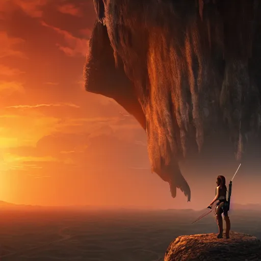 Prompt: Lara Croft looking over Night City from the desert at sunset, 4K, artstation