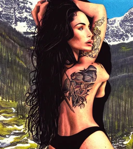 Prompt: tattoo design sketch of megan fox against a background of beautiful mountains and nature, hyper - realistic, in the style of den yakovlev, amazing detail, black and white