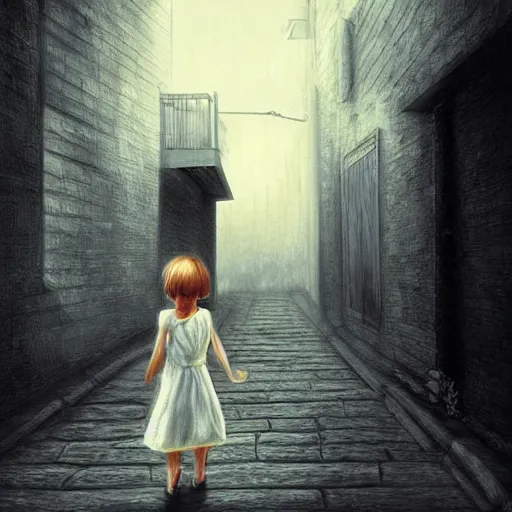 Prompt: Tall woman dressed in white dress kidnapping a child from a dark alley, digital art , highly detailed , high contrast, beautiful lighting, award winning , trending on art station, 8k, photo realistic