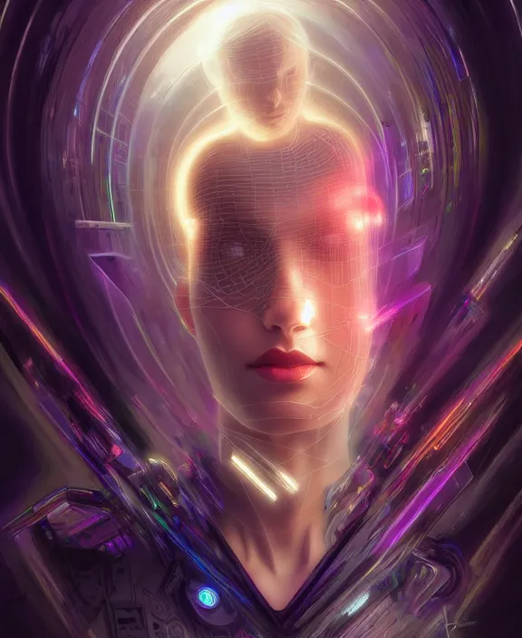 Image similar to a whirlwind of souls rushing inside the metaverse, hologram, half body, neurochip, shaved temple, piercing, jewelry, android, cyborg, cyberpunk face, by loish, d & d, fantasy, intricate, elegant, highly detailed, colorful, digital painting, artstation, concept art, art by artgerm and greg rutkowski and alphonse mucha