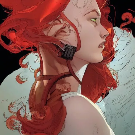 Image similar to a beautiful comic book illustration of a red-headed woman with white shirt in a laboratory by Jerome Opeña, featured on artstation