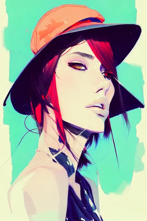 Image similar to a ultradetailed beautiful painting of a stylish woman wearing a bucket hat, by conrad roset, greg rutkowski and makoto shinkai trending on artstation