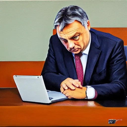Prompt: viktor orban reading the news on a laptop in a cubicle, oil painting