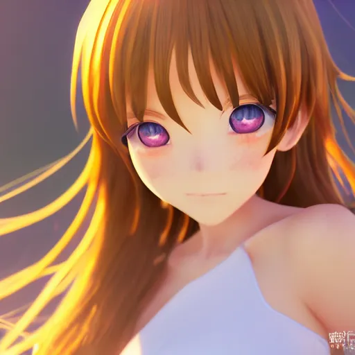 Image similar to Render of a very beautiful 3d anime girl, long hair, hazel eyes, cute freckles, full round face, short smile, cute sundress, golden hour, serene beach setting, medium shot, mid-shot, highly detailed, trending on Artstation, Unreal Engine 4k