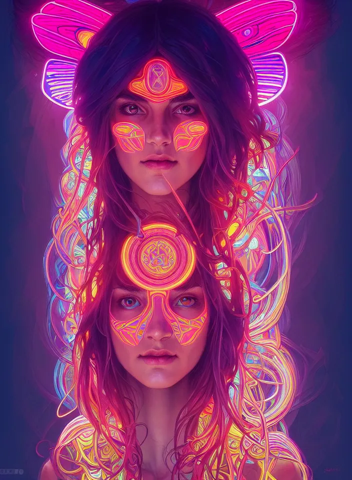 Image similar to symmetry!! portrait of hippie girl, neon glowing lights!! psychedelic, intricate, elegant, highly detailed, digital painting, artstation, concept art, smooth, sharp focus, illustration, art by artgerm and greg rutkowski and alphonse mucha, 8 k