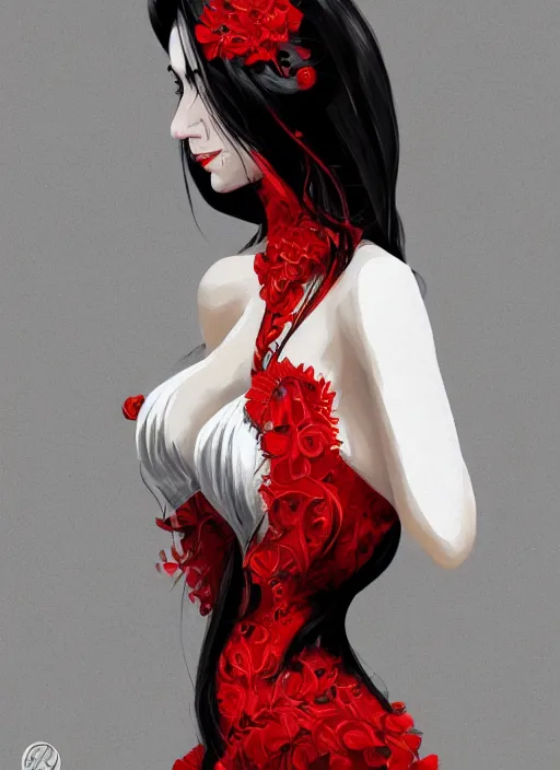 Image similar to a highly detailed illustration of elegant beautiful long black hair white woman wearing a red and black dress, dramatic smile pose, perfect face, intricate, elegant, highly detailed, centered, digital painting, artstation, concept art, smooth, sharp focus, league of legends concept art, WLOP