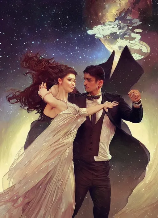 Prompt: an elegant couple, a man and a woman, dance together at a space themed ball. beautiful highly detailed faces. painting by artgerm and greg rutkowski and alphonse mucha.