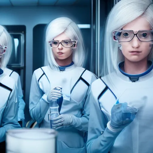 Prompt: sixtuplets, white hair, tight light blue neopren space uniforms, futuristic chemistry lab, sci - fi, highly detailed, cinematic