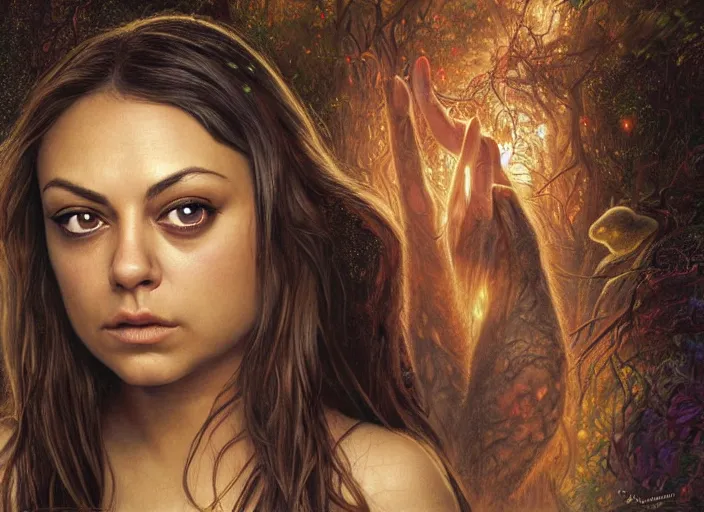 Image similar to big-eyed surprised Mila Kunis staring intensely into the camera, sundown golden hour firefly wisps, Lilia Alvarado, Sophie Anderson, Mark Arian, Bob Byerley, Charlie Bowater, Mark Brooks, Steve Henderson, Justin Gerard, Arthur Hughes, Edward Robert Hughes, Mark Keathley, Victor Nizovtsev, Carlos Shwabe, Ross Tran, WLOP