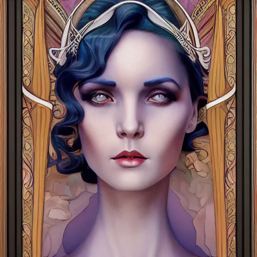 Prompt: an art nouveau, ( streamline moderne ), multi - racial portrait in the style of anna dittmann and donato giancola and chanthara. very large, clear, expressive, and intelligent eyes. centered, ultrasharp focus, dramatic lighting, photorealistic digital matte painting, intricate symmetrical ultra detailed background.