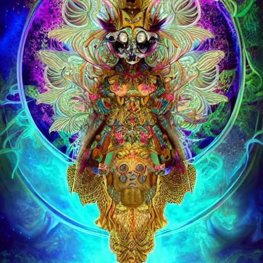 Image similar to 3 d goddess frontal view full body, astral projection, with ram golden skull. beautiful intricately detailed japanese fractal kitsune mask and clasical japanese kimono. betta fish, jellyfish fractal, bio luminescent, plasma, ice, water, wind, creature, mandelbulb, fractal, artwork by tooth wu and wlop and beeple and greg rutkowski