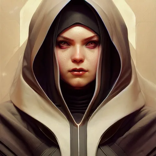 Image similar to futuristic nun, sci-fi, fantasy, intricate, elegant, highly detailed, digital painting, artstation, concept art, smooth, sharp focus, illustration, art by artgerm and greg rutkowski and alphonse mucha