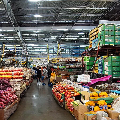 Prompt: amazon warehouse as informal settlement, big crowds, wet market, fruit stands, eye level