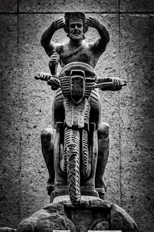 Image similar to photo of the ancient statue of biker on the ancient bike, symmetrical, cinematic, real dlsr photography, sharp focus, 4 k, ultra hd, sense of awe, archeology journal cover