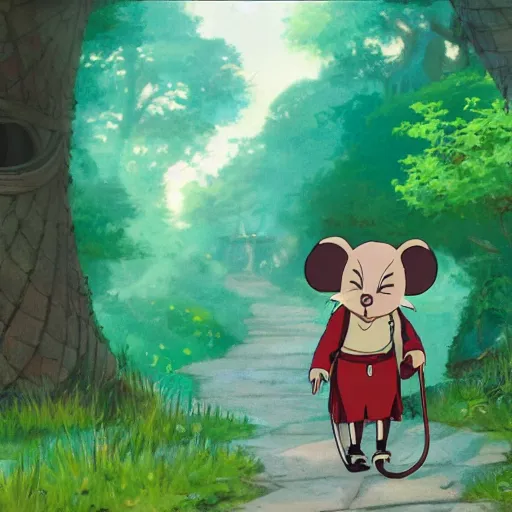 Prompt: an anthropomorphic mouse dressed in medieval clothing, studio Ghibli, walking through a lush forest