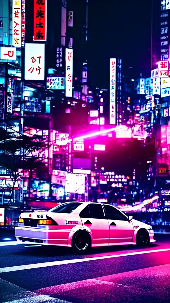 Image similar to a car drift spec JZX100 in middle of road, shibuya prefecture, city midnight neon lights, cinematic color, photorealistic, highly detailed