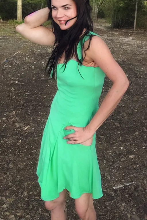 Prompt: fantasy character photo. facial expression of manic obsessive love. danielle campbell. black hair in ponytail. bright blue eyes tall, lanky, athletic, wiry. sleeveless lightgreen dress, brown trim. gleefully telling a bs story full of lies